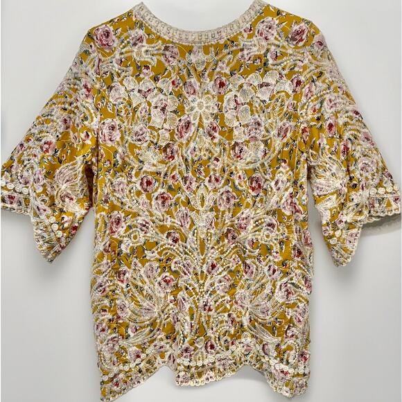 Anthropologie Solitaire Boho Embroidered Rayon Floral Tunic Yellow Womens Large - Picture 1 of 8